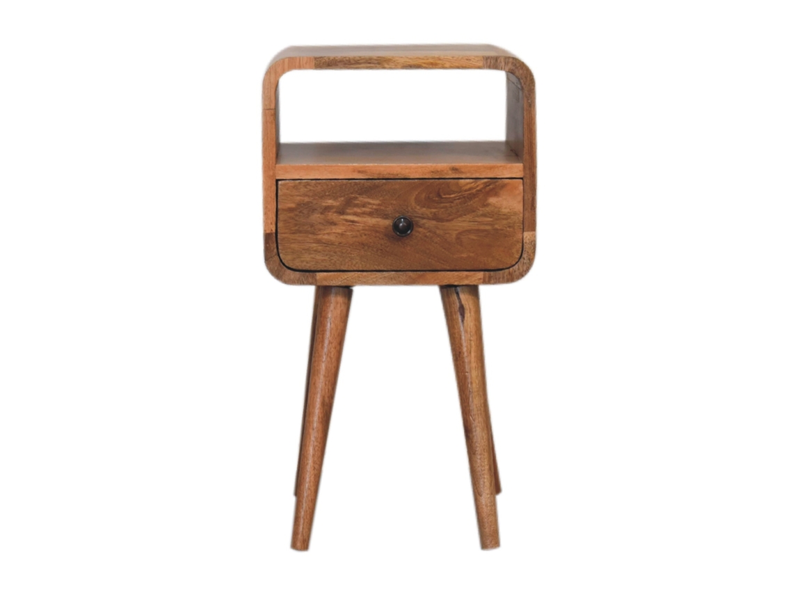 Mesita de noche pequeña de roble macizo, curvada, con 1 cajón y compartimento abierto, color beige, ARTISAN FURNITURE EST 1995 TM