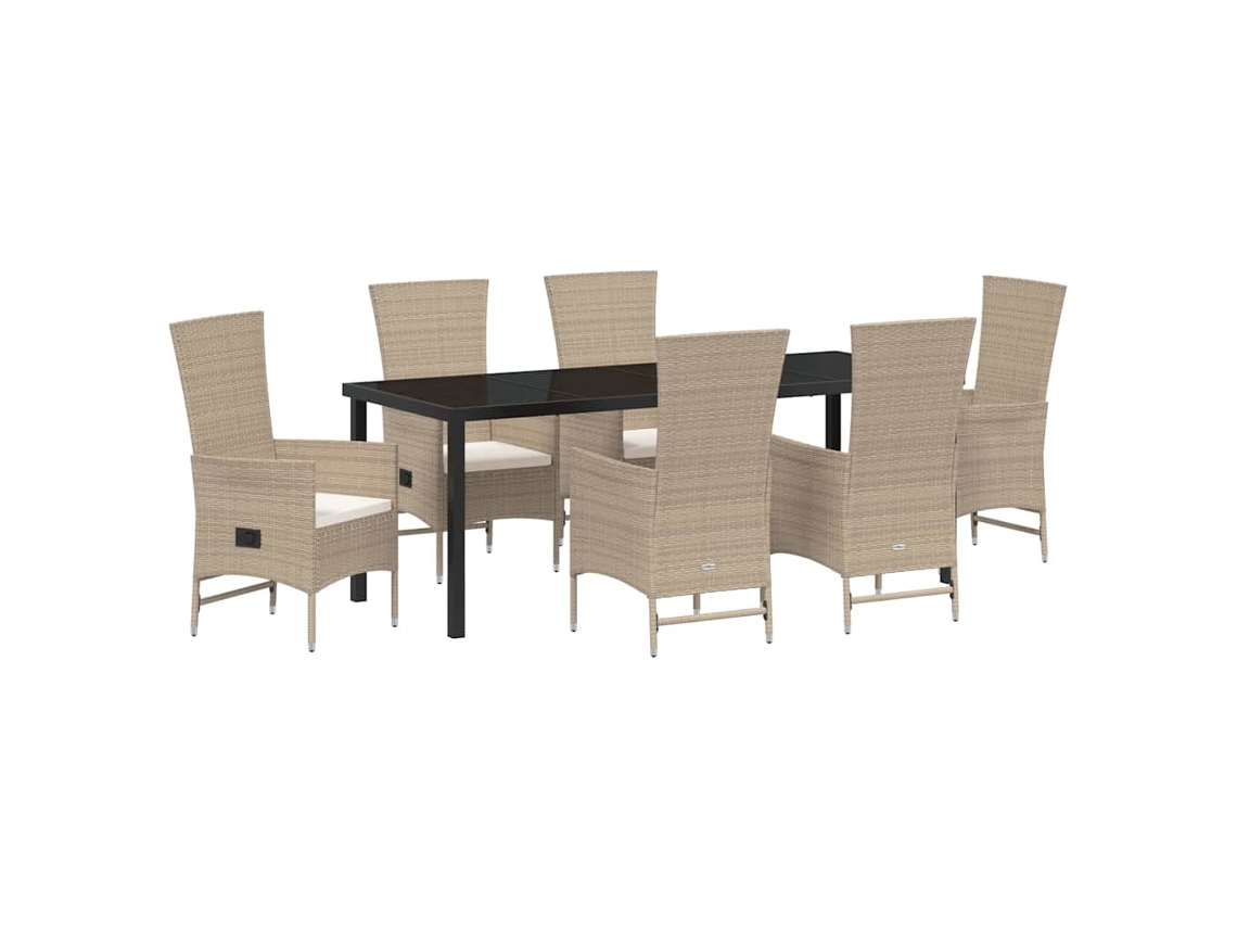 Conjunto de comedor de jardín de 7 piezas en mimbre beige con cojines. EXCLUSIVO DE MAISON.