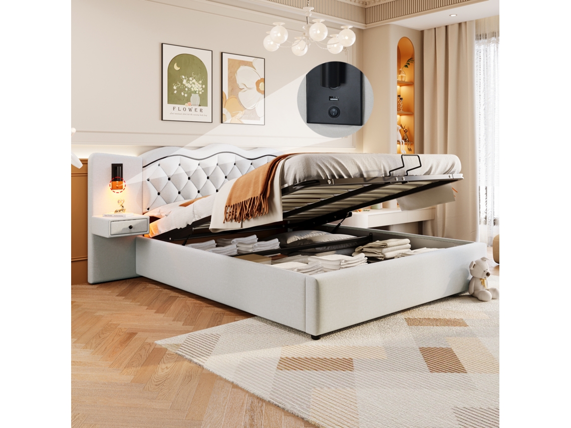 Cama Tapizada 180x200 Cm Con Almacenamiento, Cabecero Integrado, Elevación Hidráulica, Usb, 2 Lámparas Led, Color Beige.