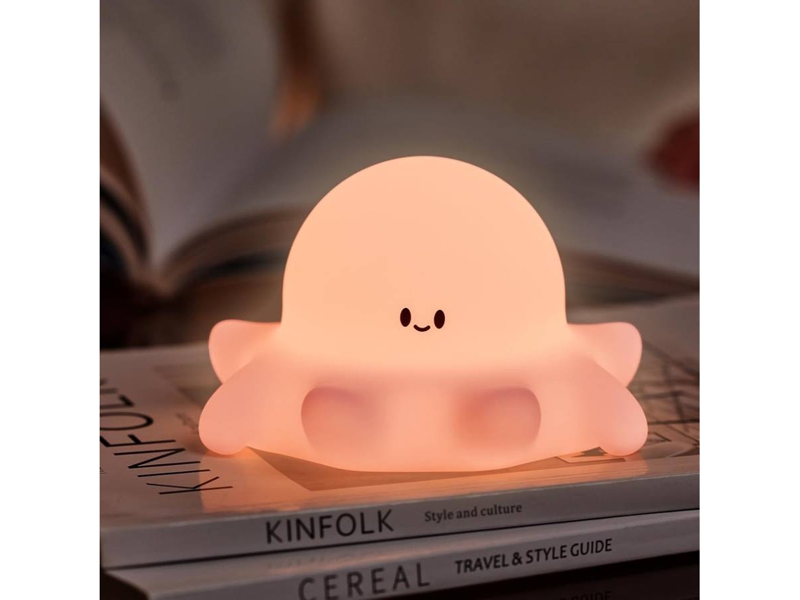 Luz de noche de pulpo rosa, lámpara LED blandita de silicona de grado alimenticio (blanca)