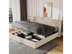 Cama Beige Con Remaches En Las Orejas, Franela Y Botones, 180x200 Cm, Vista En Alzado.