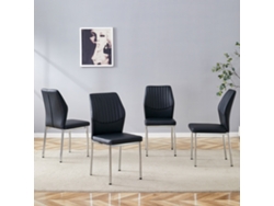 Juego De 4 Sillas Para Comedor - Respaldo De Pu Negro Con Grabado Vertical + Patas Metálicas Plateadas - Color Negro Y Plata