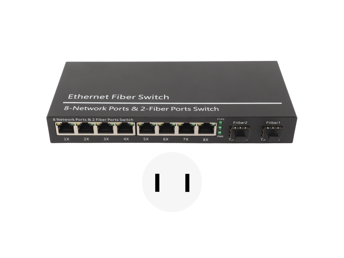 Conmutador Ethernet De Fibra Con 2 Puertos Ópticos Y 8 Puertos Eléctricos, Sfp Plug And Play, 120 Km, Enchufe Estadounidense.