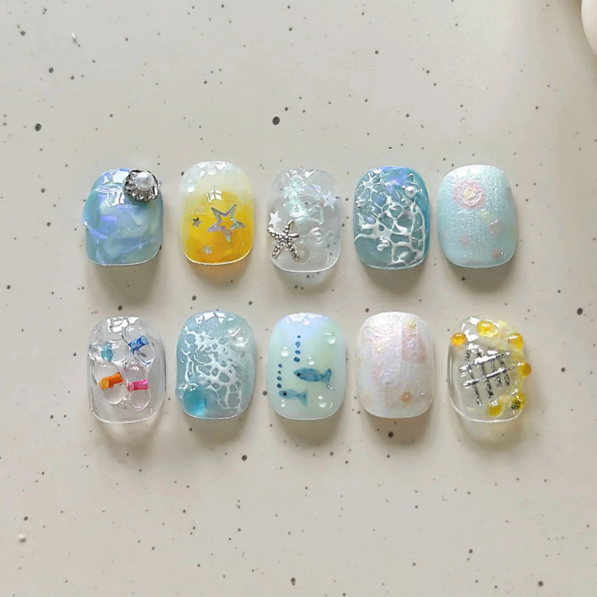 (wy021-xs) Paquete De 10 Pegatinas Rectangulares Cortas Hechas A Mano Para Uñas Postizas Para Decoración De Uñas.