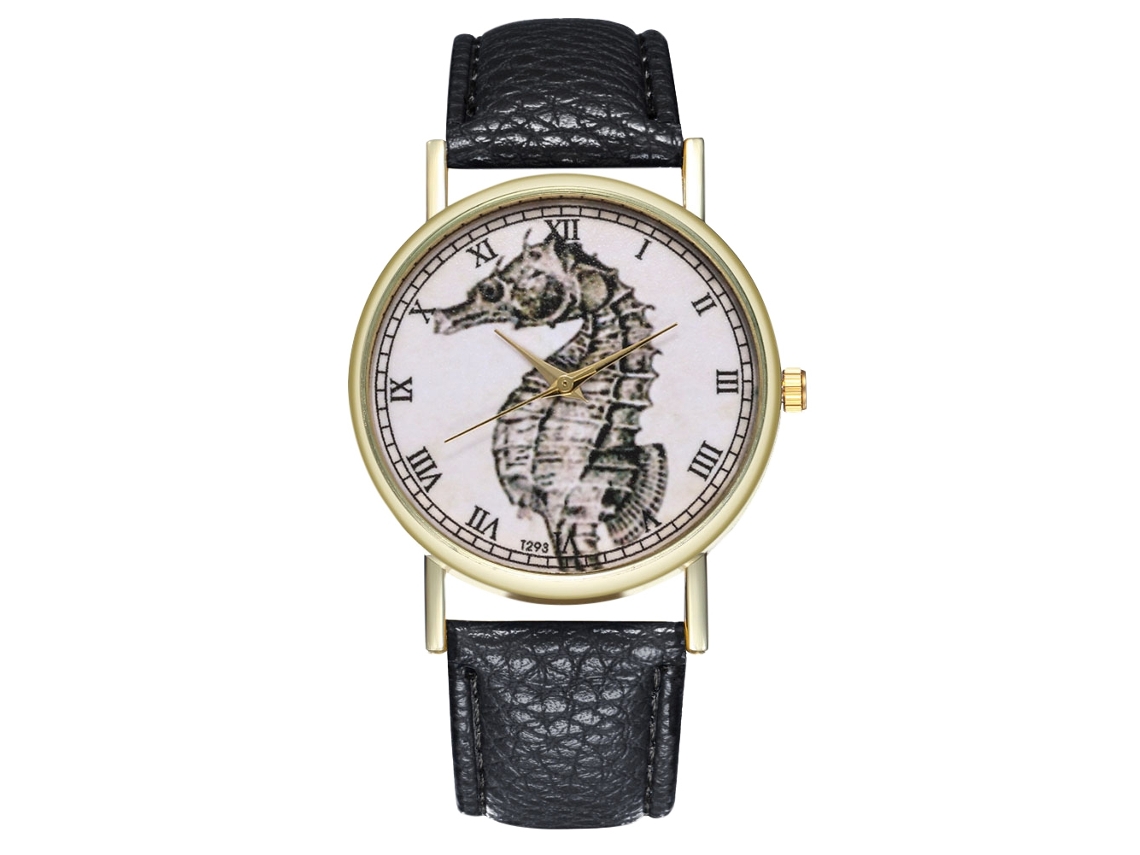 Reloj De Pulsera Unisex Zhoulianfa Con Estampado De Caballito De Mar, Esfera Redonda, Movimiento De Cuarzo Analógico, Color Negro.