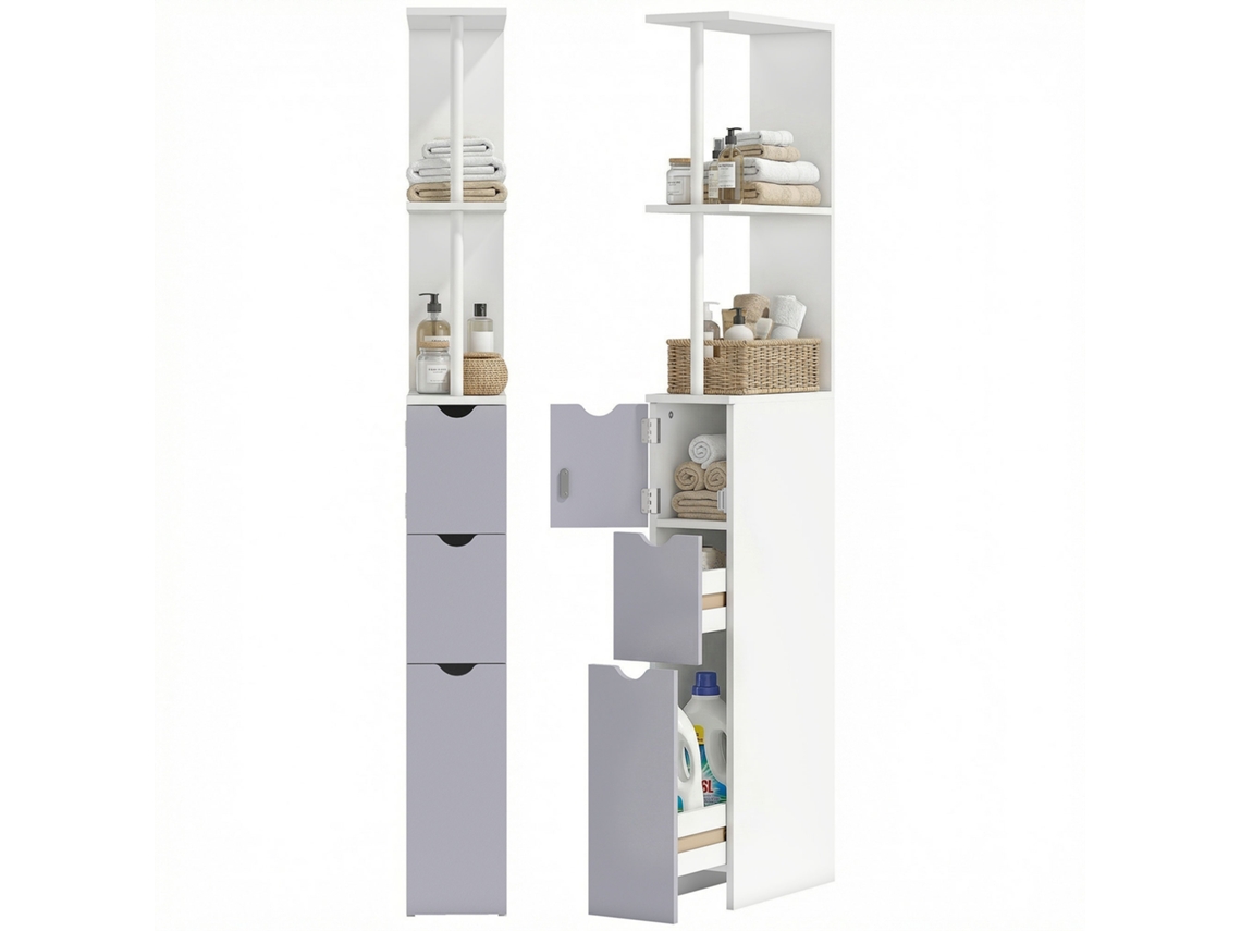 Mueble auxiliar de baño, columna, 2 estantes, 2 cajones, 1 puerta, blanco, 15x33x136.8