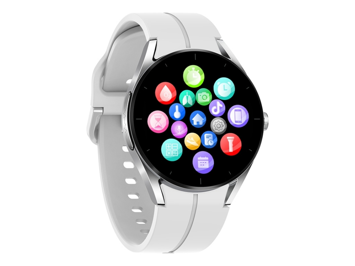 Pulsera inteligente impermeable IP67 de 1,32 pulgadas con monitorización de oxígeno en sangre y glucosa (blanco plateado)