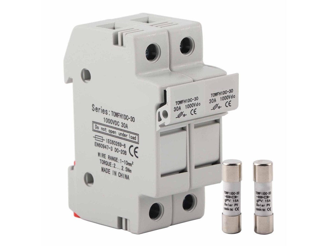 Base portafusibles bipolar para riel DIN, 1000 V CC, 15 A, control de distribución de energía