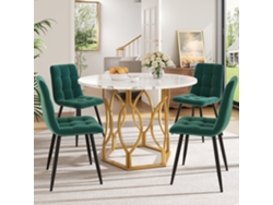 Conjunto Mesa Y Sillas 5 Piezas 100 Cm - Mesa Redonda Con Patas Metálicas Doradas, Sillas De Terciopelo Verde - Multicolor