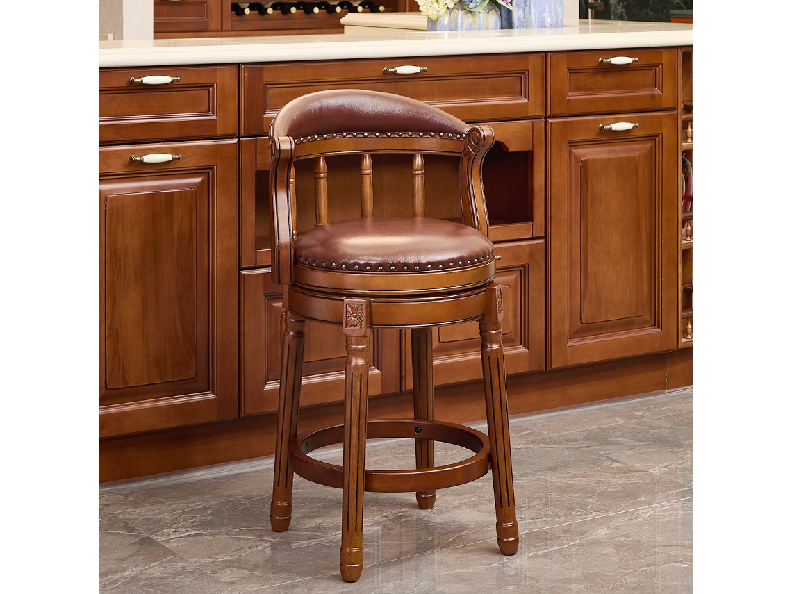 Taburete De Bar De Madera Con Asiento De Cuero De Vaca, Giratorio 360°.