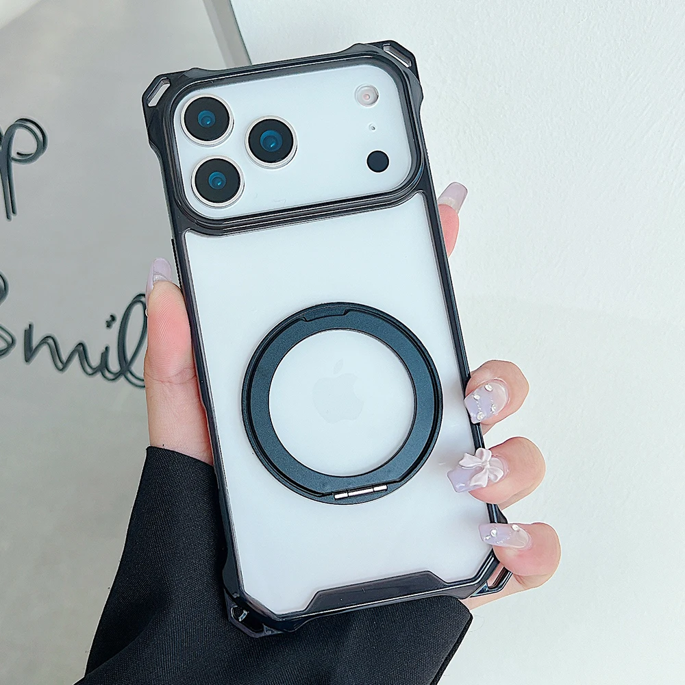 (negro, Iphone 12 Pro Max) Elegante Funda Protectora Transparente Con Airbag Degradado, Soporte De Anillo Metálico A Prueba De Golpes.
