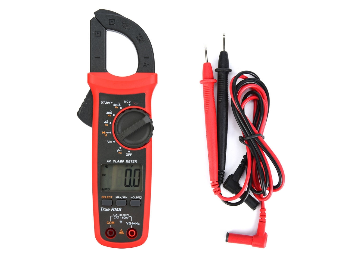 Pinza Amperimétrica Digital Uni T Ut201+ Con Pantalla Lcd: Mide Corriente Alterna/continua, Voltaje, Resistencia Y Temperatura.