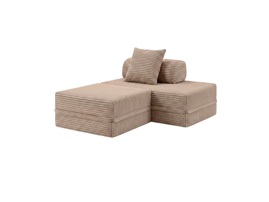 Sofá Modular 2 Lugares + Puff Convertible Veludo Listado Taupe