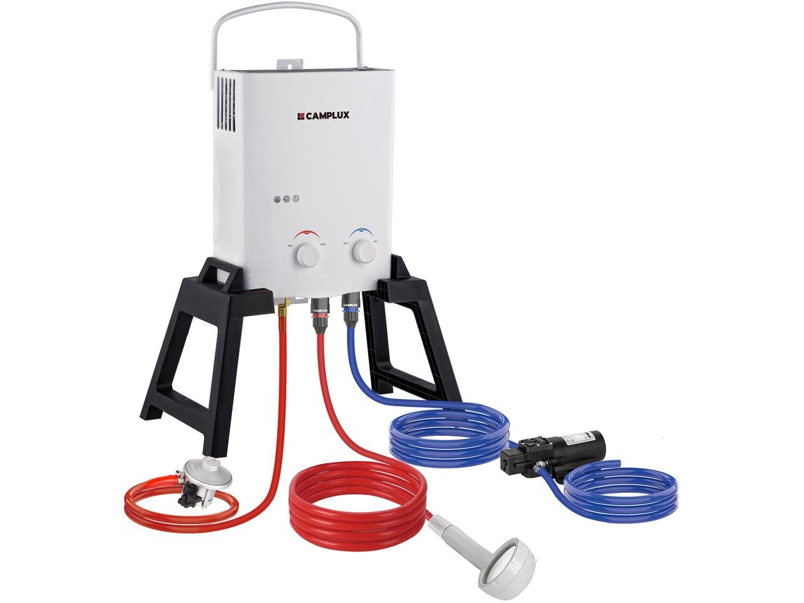CAMPLUX AY132Max Calentador de Agua de Gas con Bomba de Agua y Soporte, 5 Litros, GLP, 30/ 37mbar