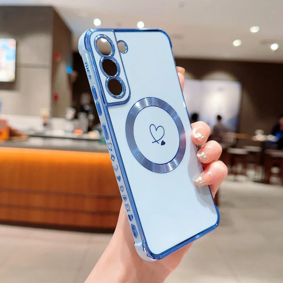(samsung S23 Plus, Azul) Funda Magsafe Para Samsung, Con Diseño De Corazón Galvanizado.