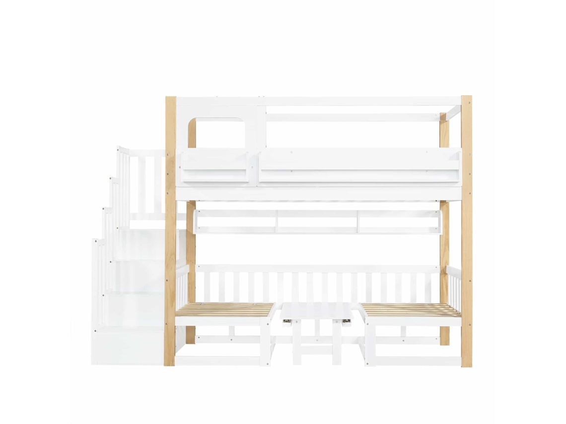 Litera Infantil 90x200 Cm - Con Escritorio Ajustable En Altura, Estantería Integrada Y Escalera Con Almacenamiento - Blanco Y Natural
