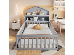 Cama Infantil 90x200 - Estructura De Madera Maciza, Con Estantes, Protección Y Baranda, Gris