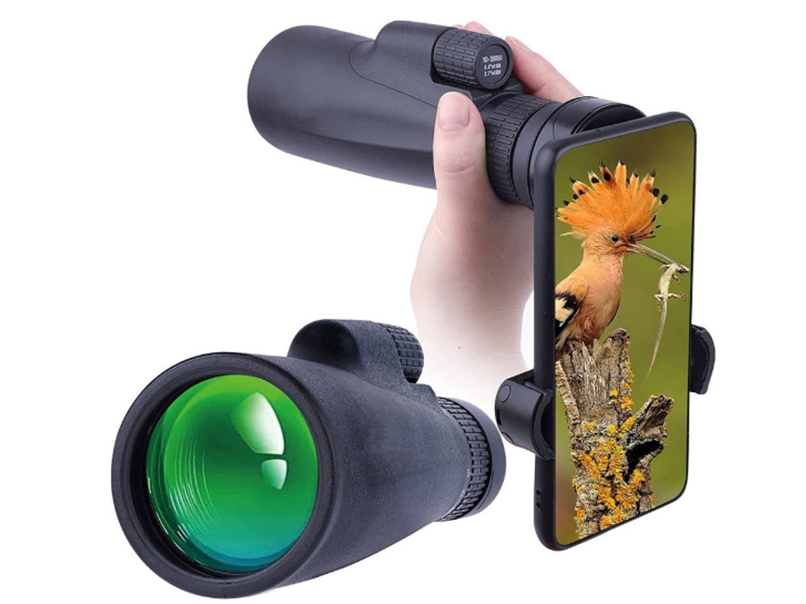 Telescopio monocular 10x30 HD IP68, adaptador para smartphone, observación de aves, senderismo, caza, camping, viajes, color negro.