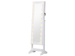 Espejo joyero con luces LED, 20 luces, vitrina reclinable para anillos, pendientes y collares, 40x37x146 cm, blanco.