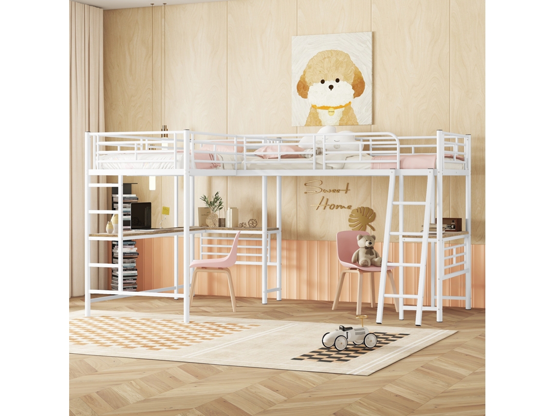 Cama alta 90*200cm, Dos literas, Mesa debajo de la cama, Escalera doble, Pasamanos alto.