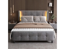 Cama doble de 140 x 200 cm con LED de 16 colores, cabecero y patas acolchados, metal, altura regulable, Mobrio gris