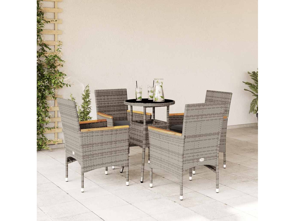 Juego de comedor de jardín de 5 piezas con cojines de mimbre gris de polietileno y vidrio, DKD Home Decor