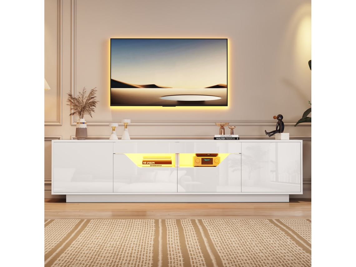 Mueble Tv Para Tv De 1804045 Cm, Mueble Bajo Con 2 Cajones Y 2 Armarios, Acabado Alto Brillo Con Luces Led.