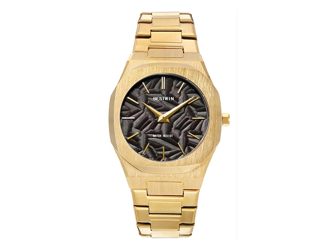 Reloj de cuarzo para hombre con hojas en relieve MDUG (dorado y negro)