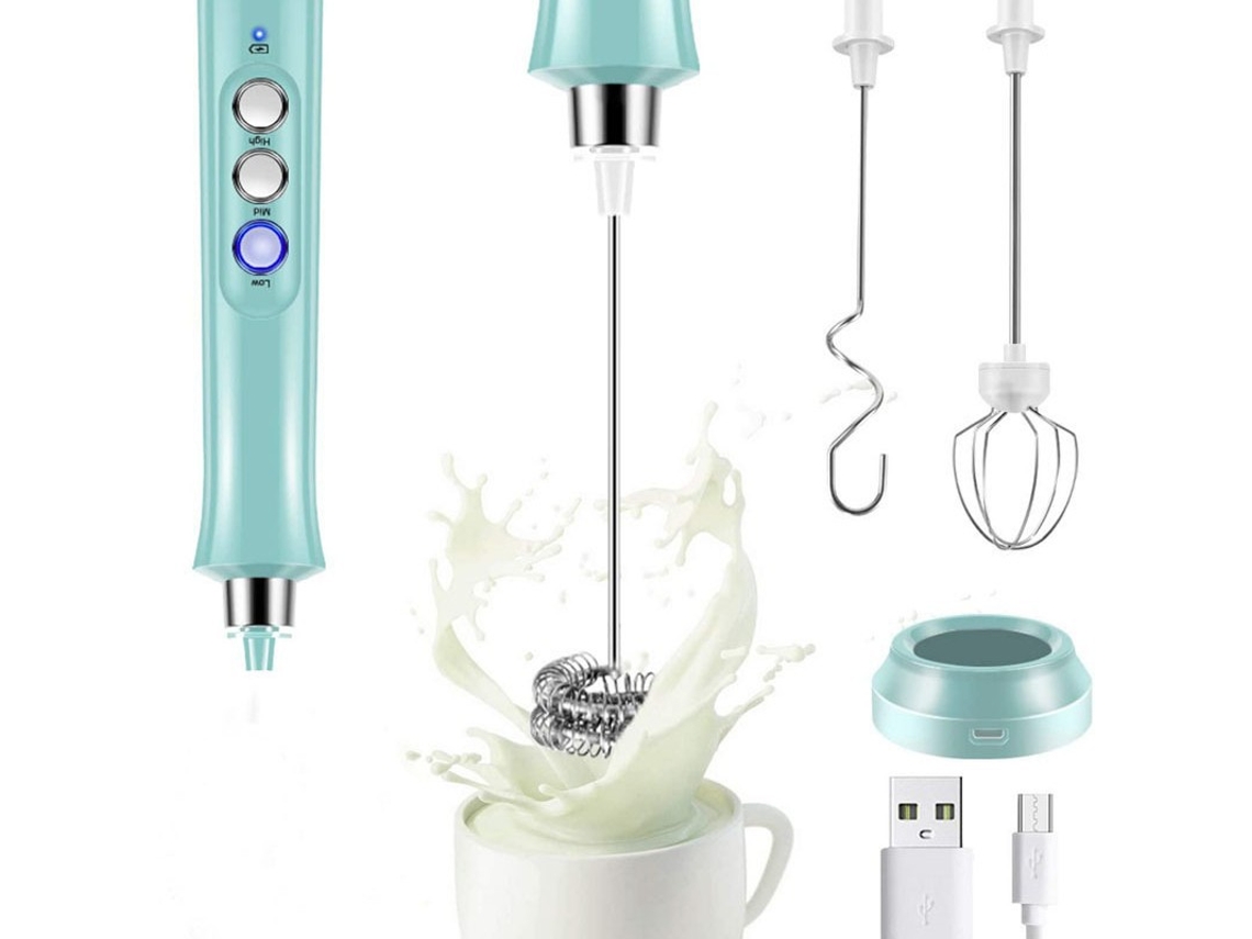 Espumador de leche, batidora recargable por USB con 3 varillas, ideal para café, capuchino, chocolate caliente y huevos (azul) Cuich