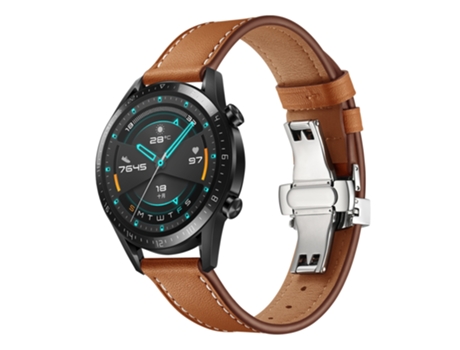 Correa de reloj inteligente de cuero con hebilla de mariposa universal de 22 mm, estilo: hebilla plateada (marrón)