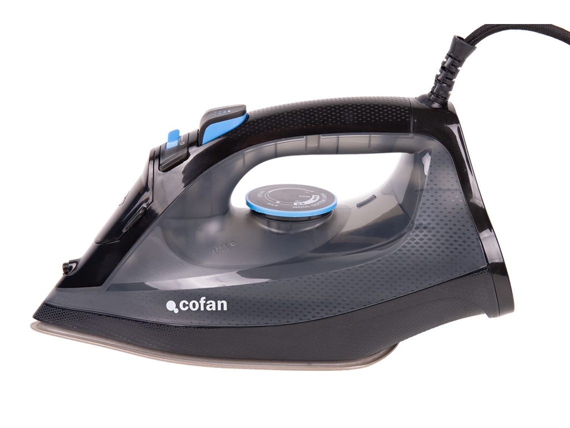 Plancha de vapor Cofan 2400W con base cerámica, salida de vapor 20-35 g/min, depósito de 300 ml, vapor vertical, antigoteo, chorro de vapor, autolimpieza y