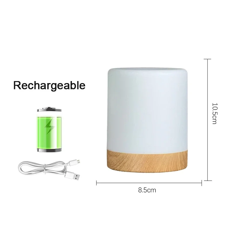 Luz nocturna LED recargable (b3, color madera) con brillo ajustable táctilmente, lámpara de mesa LED