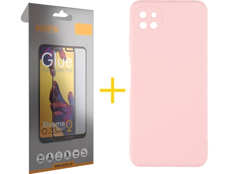 Carcasa y Protector de Pantalla de Vidrio Full Samgung A22 5G ACCETEL Silicona Líquida Rosa