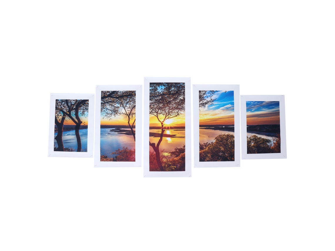 Conjunto de 5 piezas decorativas de arte para pared, con un innovador paisaje de puesta de sol junto al lago Chaberlu.