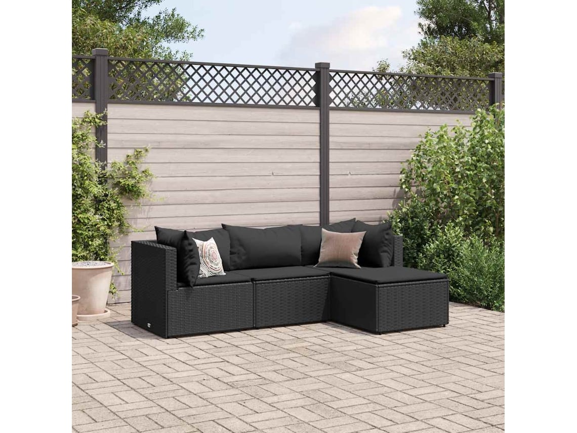 Conjunto de jardín de 4 piezas con cojines en mimbre sintético negro de DKD Home Decor