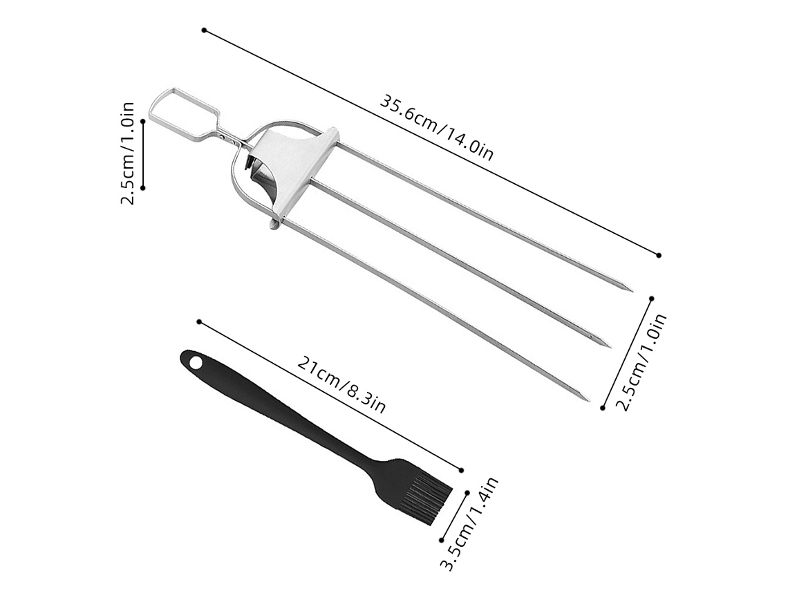 Brochetas Semiautomáticas De Acero Inoxidable Con 3 Puntas Para Asar Carne, Pollo Y Verduras, Con Un Paño De Silicona.