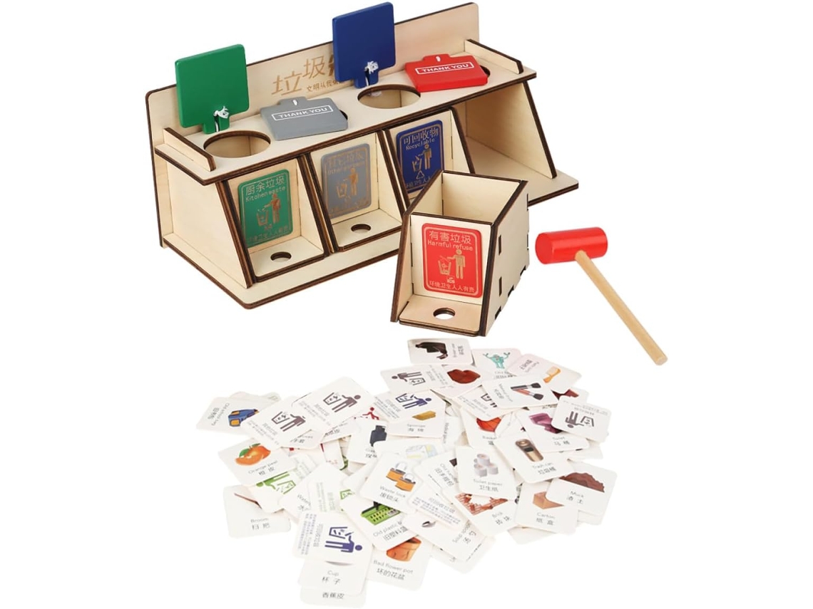 Kit educativo de madera para separar residuos, ideal para niños y niñas. Desarrolla la motricidad fina y el razonamiento. CHABERLU