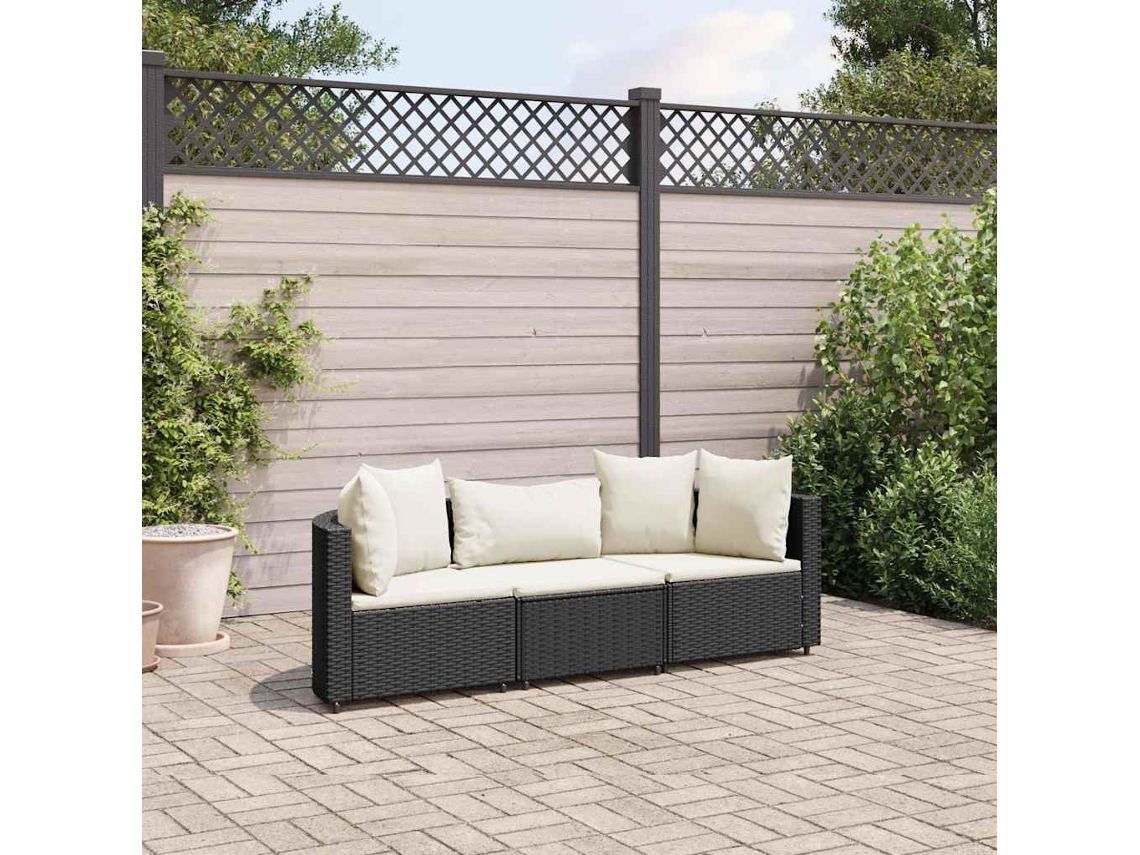 3 Pcs Conjunto Sofás De Jardím Com Almofadões Vime Pe Preto Dkd Home Decor