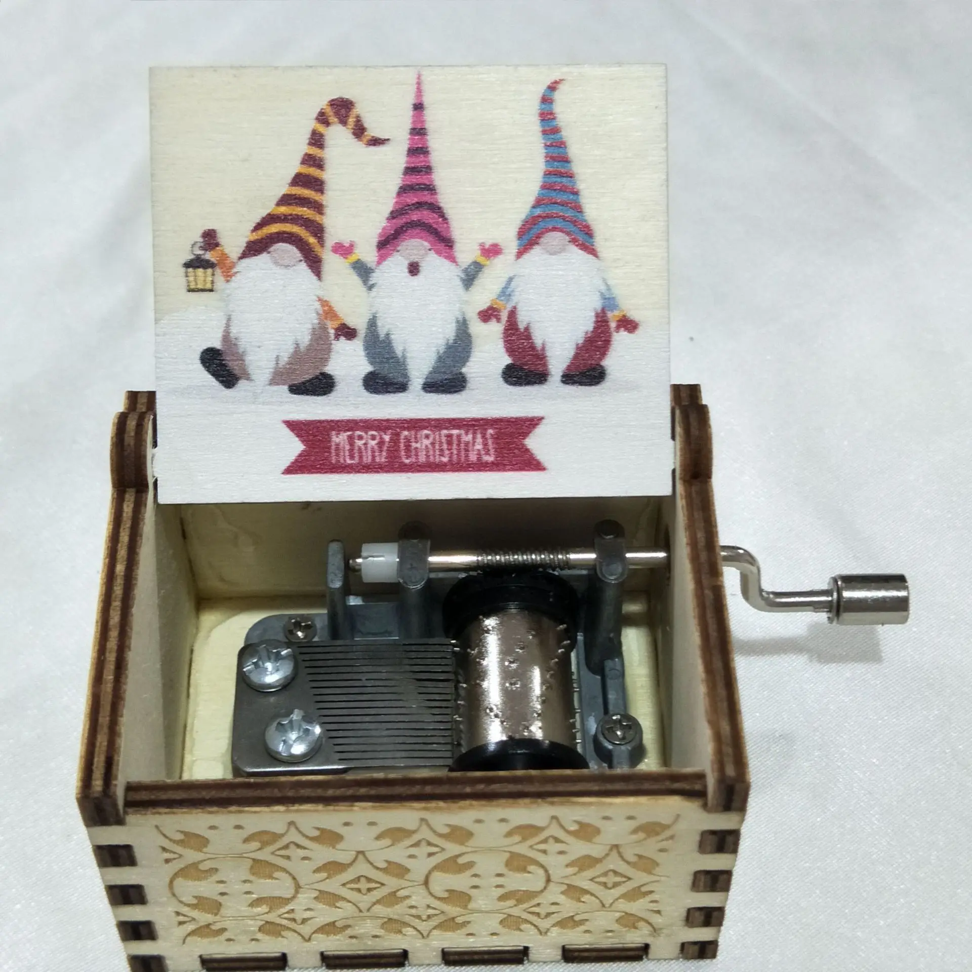Caja de música navideña vintage con manivela, exquisita pieza hecha a mano en resina y madera pintada a mano MDUG (estilo 30)