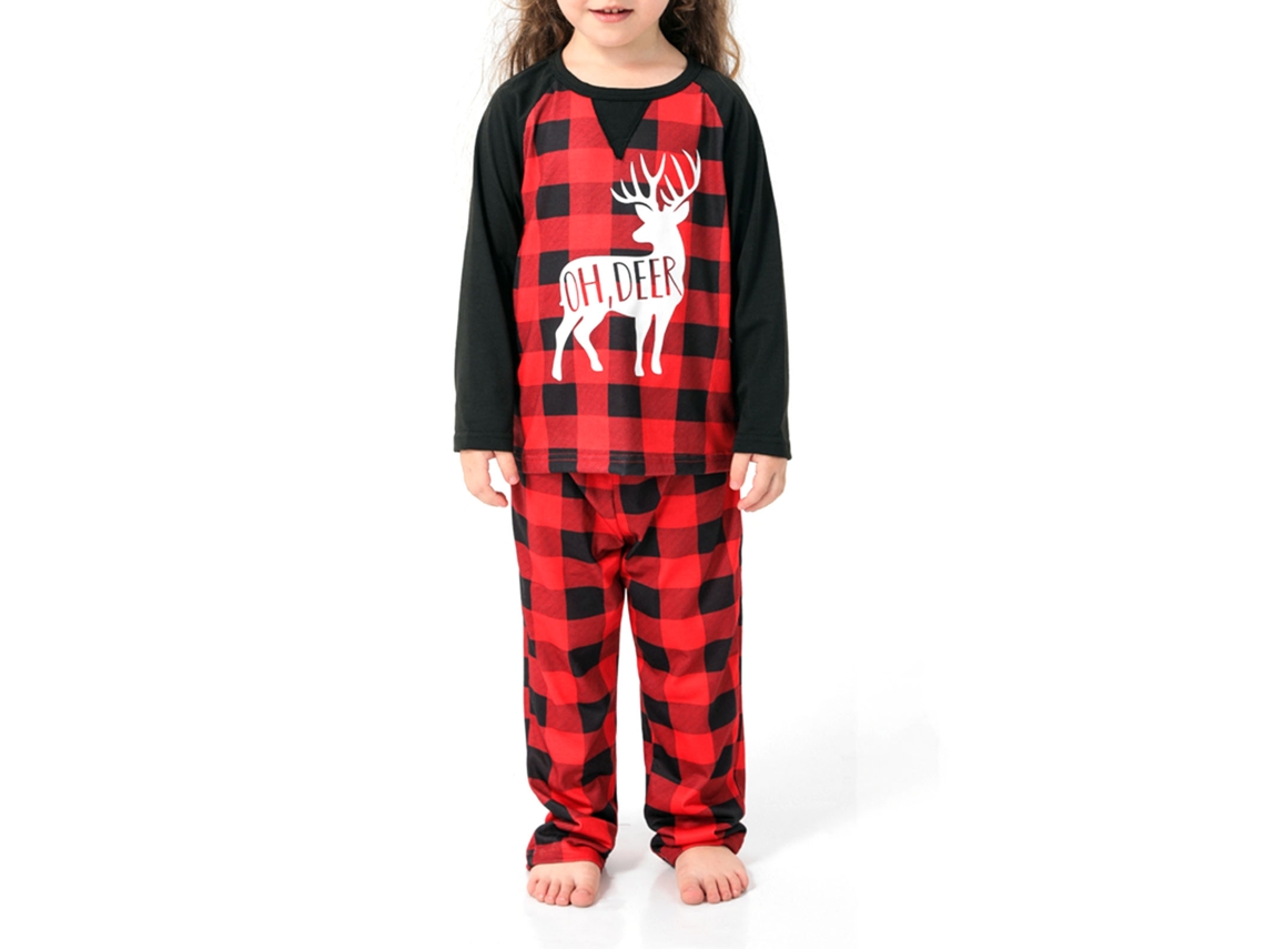Pijamas combinando para a família Rebe com estampa de veado natalino, manga longa, tamanhos infantil (3-4 anos), adulto e bebê.