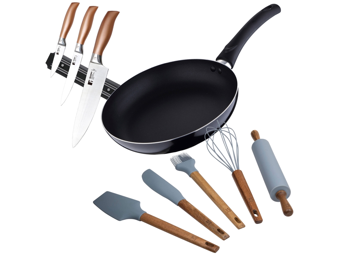 Juego de sartén de aluminio prensado de 24 x 4,5 cm, 3 cuchillos, 5 utensilios de cocina y salsa