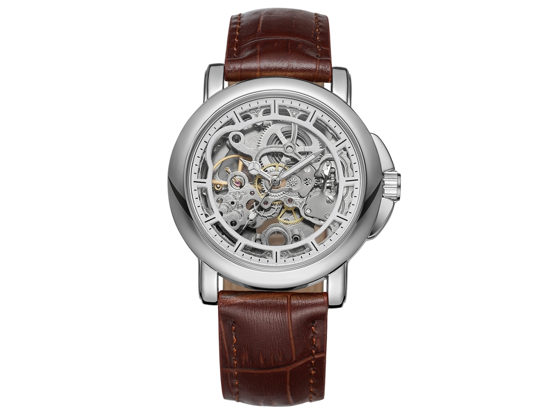 Reloj Mecánico Automático De Moda Para Hombre Con Correa De Piel Sintética (marrón Plateado)