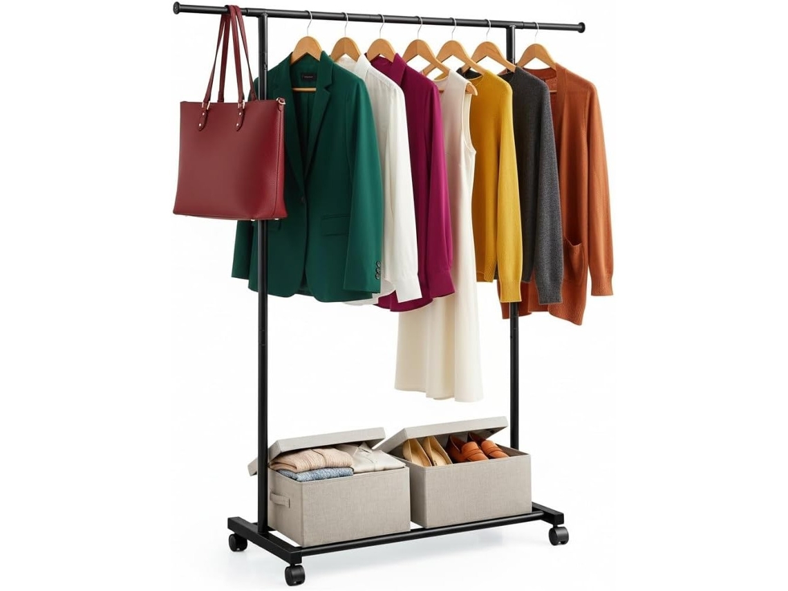 Perchero metálico ajustable para ropa con 4 ruedas, portátil, de hierro, organizador robusto (135 x 80-120 x 35 cm, negro)