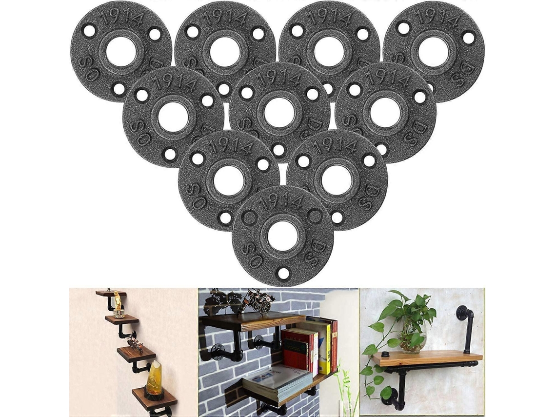 Omni-10 Piezas Brida De Piso 1/2" De Hierro Fundido Negro Con Rosca, 3 Agujeros Para Muebles, Decoración Diy E Industrial