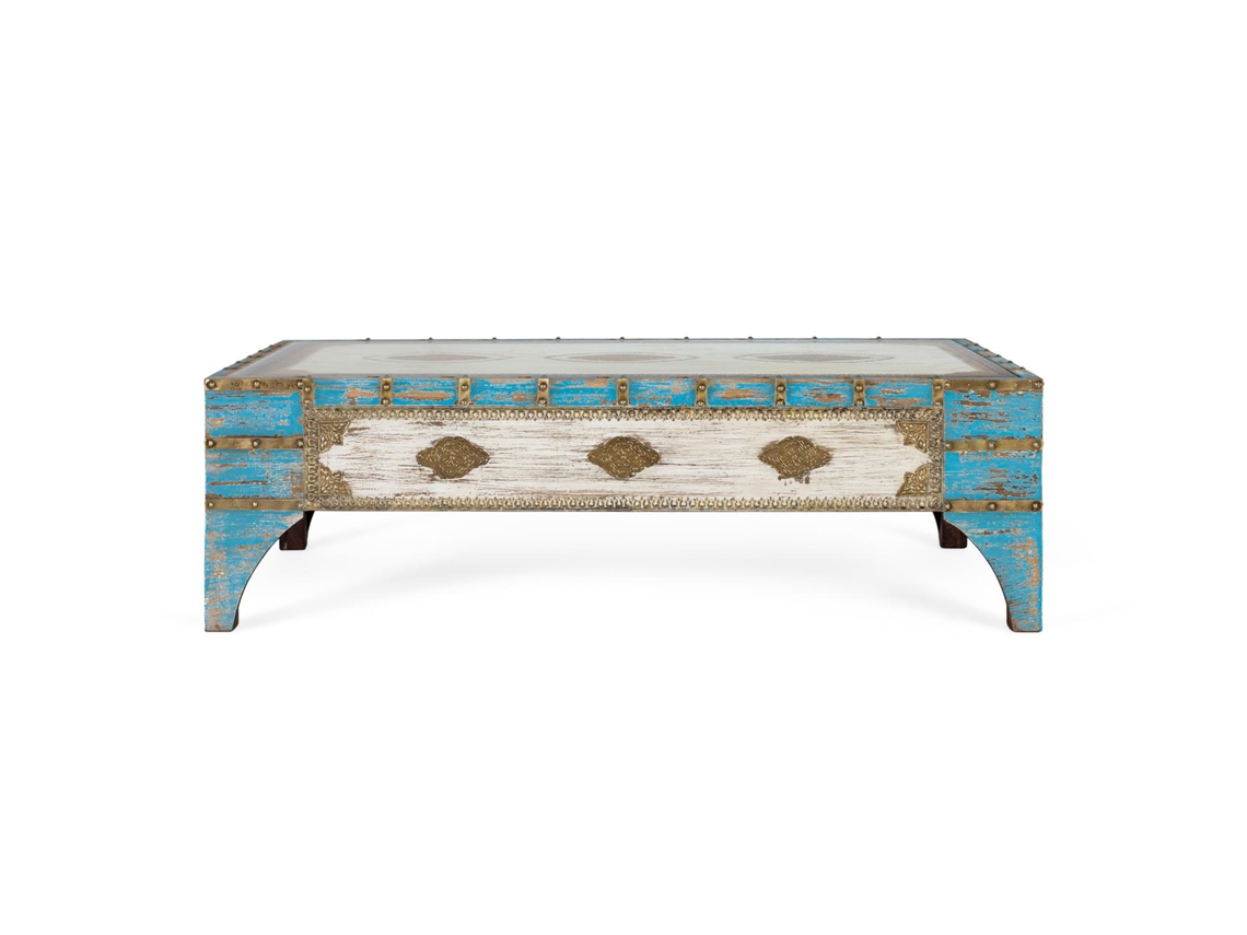 Mesa De Centro De Madera De Mango Azul Y Blanco Envejecido