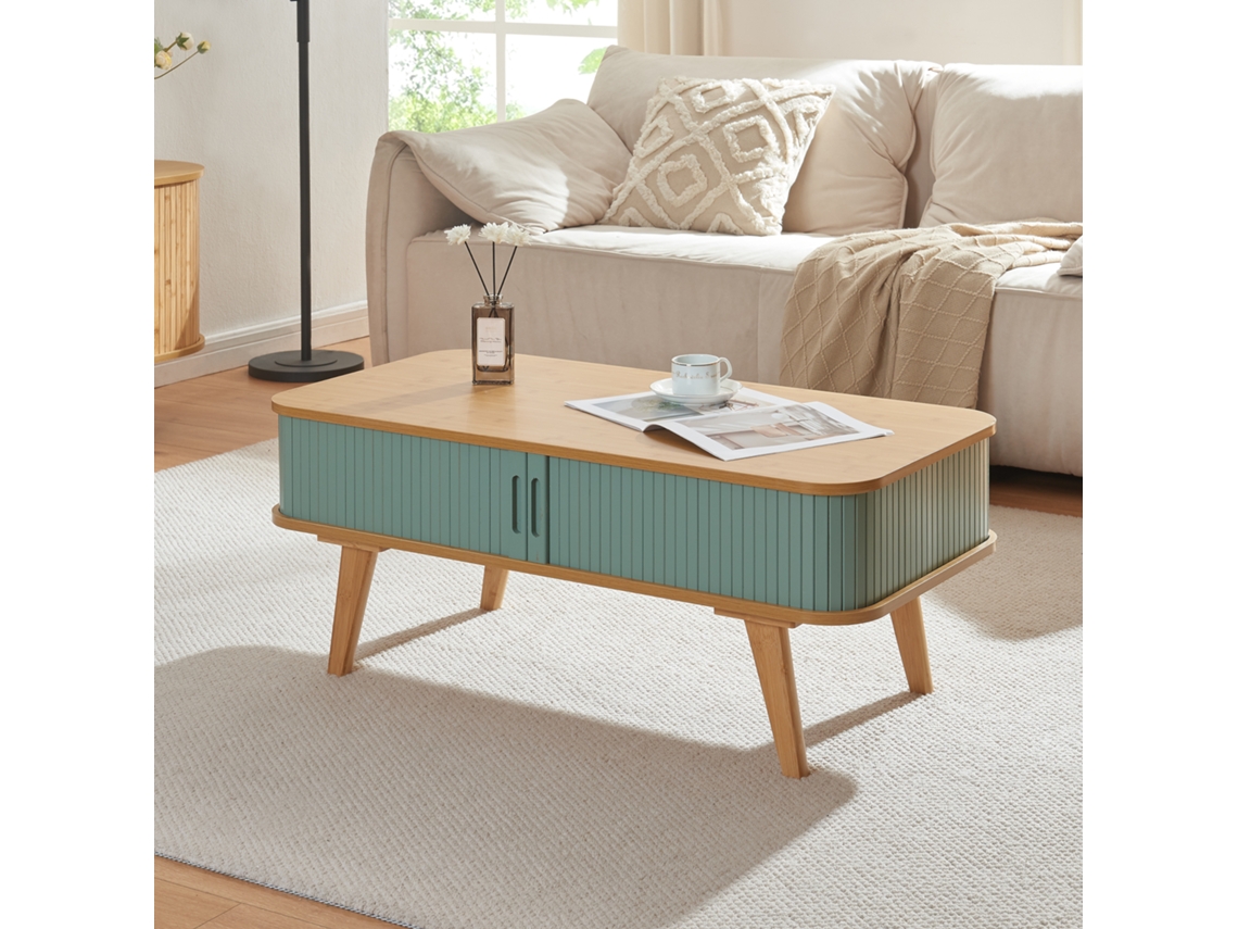 Mesa de centro Tysvær con puertas bambú 100x50x40cm - Natural/Azul [EN.CASA]