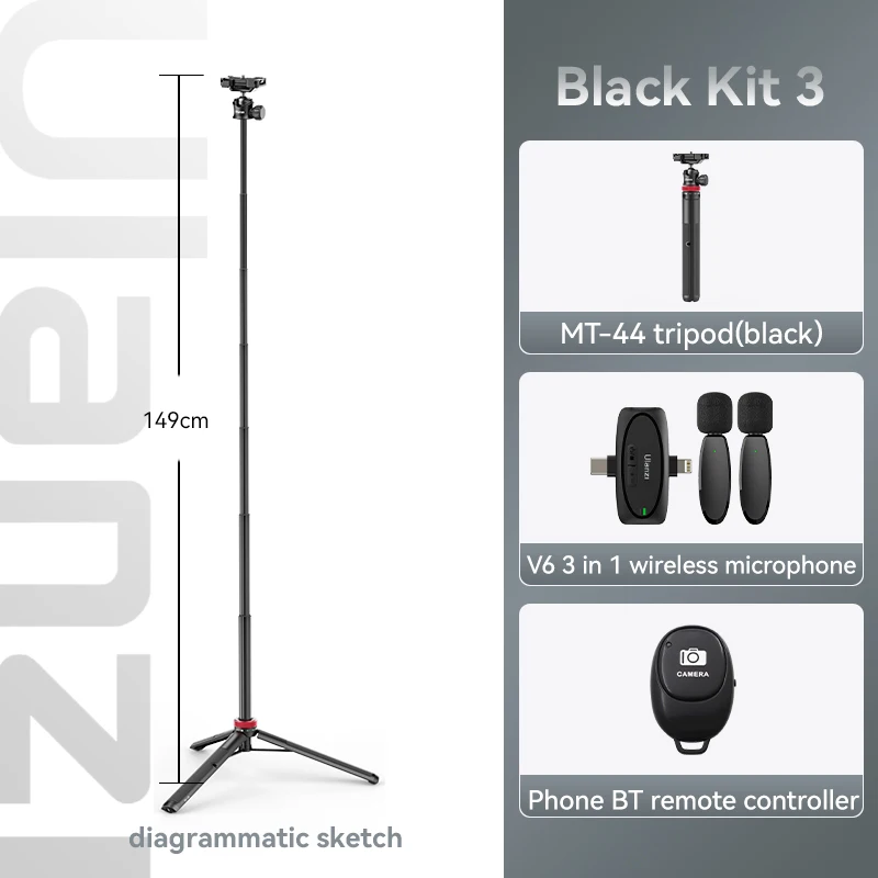 Trípode extensible para transmisión en vivo MT-44, 106,7 cm, con soporte para teléfono móvil, grabación vertical, para teléfonos móviles y DSLR, kit de 3 piezas, negro