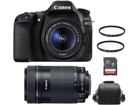 Cámara Reflex CANON EOS 80D + Objectivo EF-S 18-55MM F3.5-5.6 IS STM + Objectivo EF-S 55-250MM F4-5.6 IS STM + Bolsa + Tarjeta SD 16GB + HOYA UX UV...