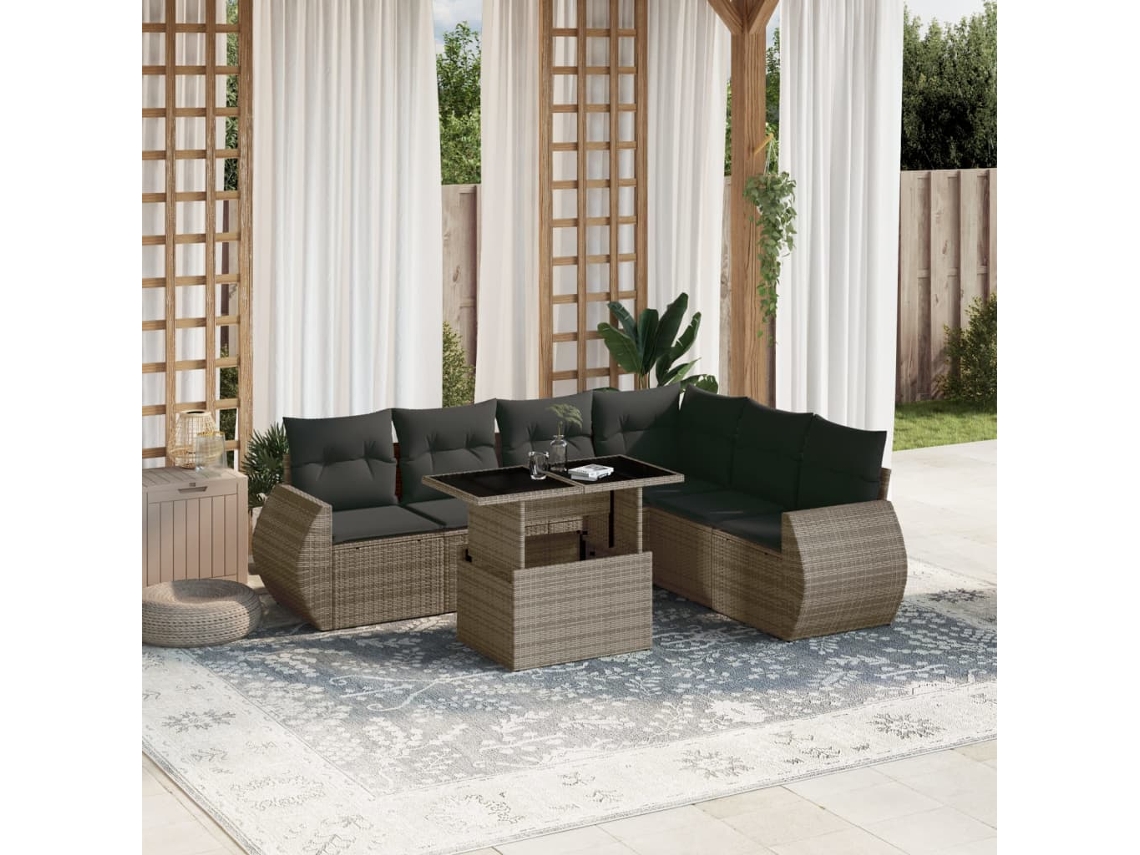 Conjunto de sofá de jardín de 7 piezas con cojines, mimbre gris, DKD Home Decor
