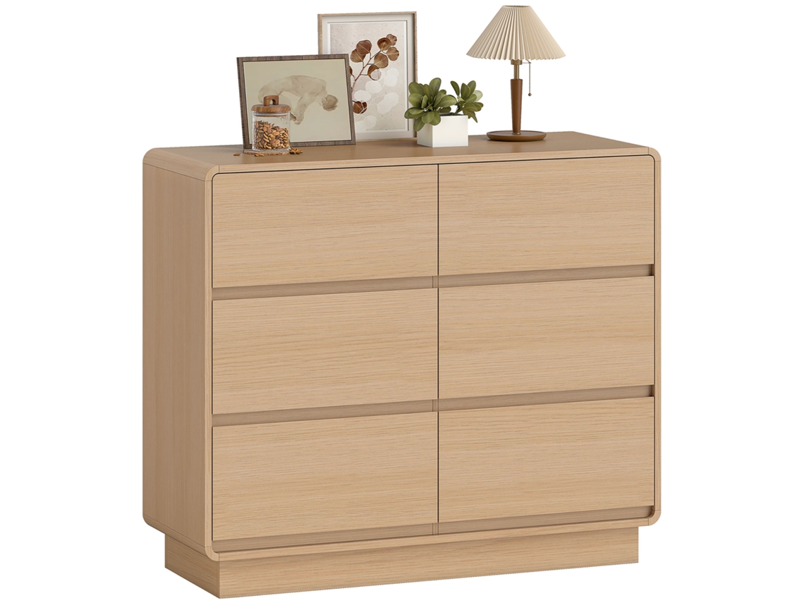 Aparador de 100cm ZENCORE SERVICES, buffet com 6 gavetas, cômoda, sala de estar e jantar, madeira natural